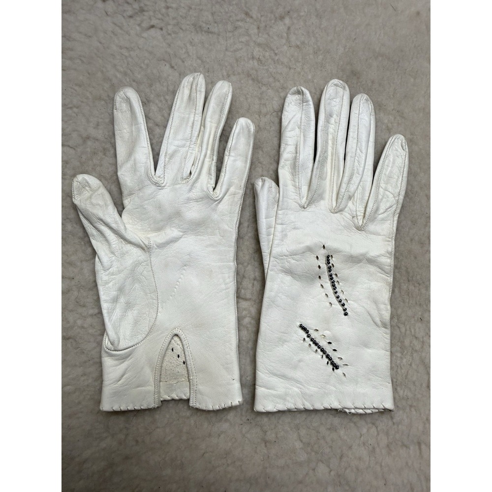 Vintage White Leather Dress Gloves Black Beaded Accent Tea Party Mid Century
